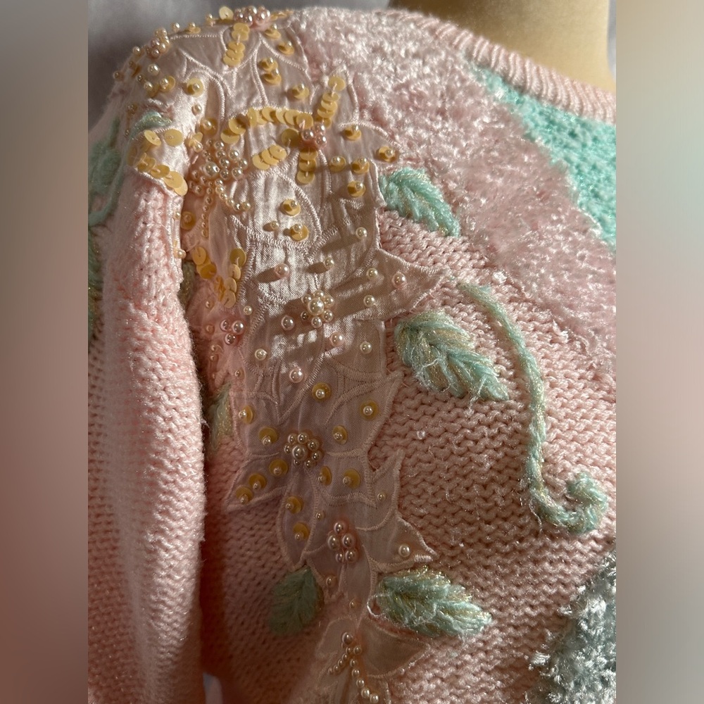 Vintage Jaclyn Smith Pastel Applique Beaded Sweater 80s Vaporwave 1980s Pink - Picture 3 of 6